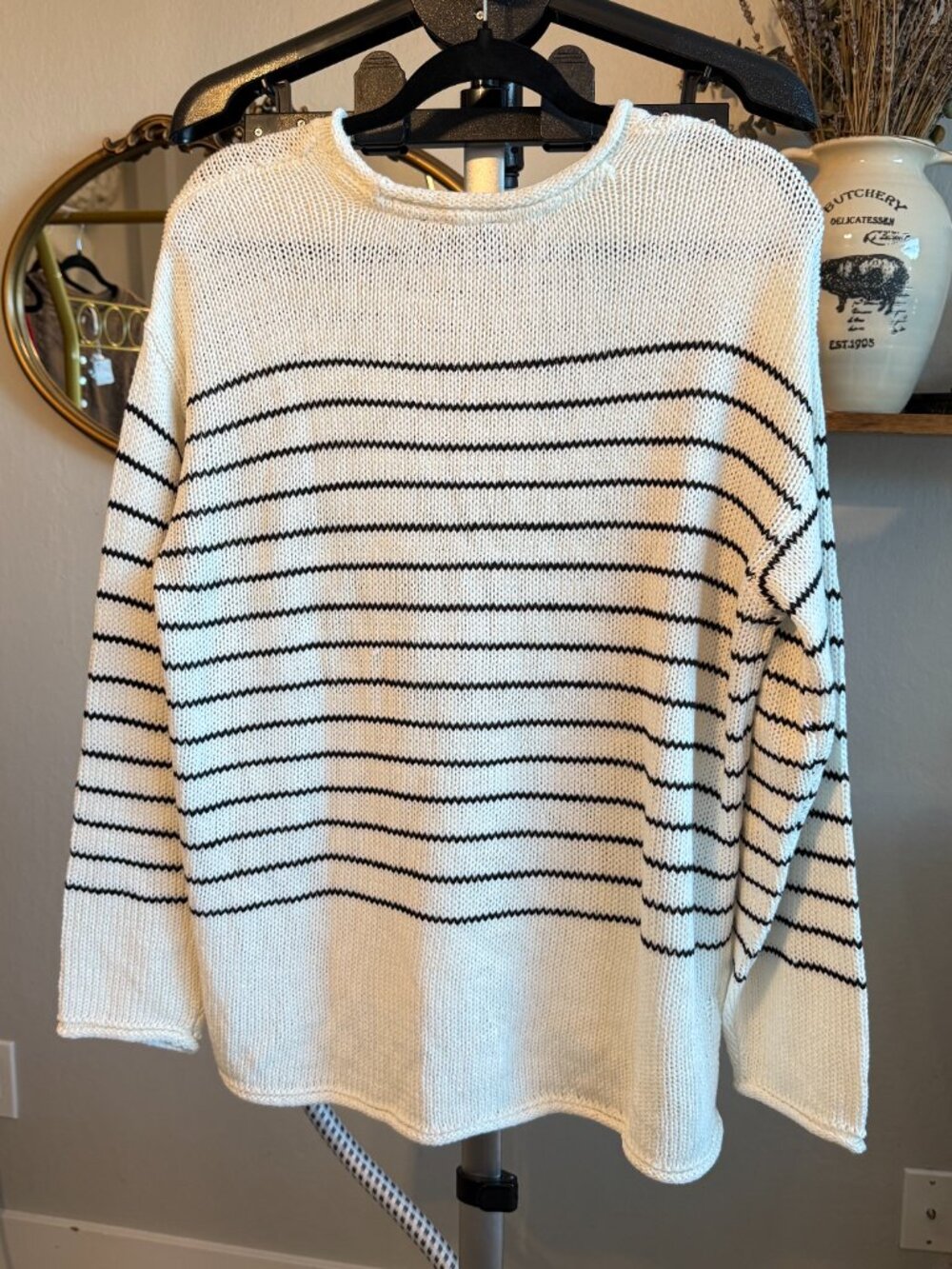 RD Style Cream Black Striped Open Knit Sweater Size L NWOT - Picture 3 of 5